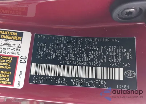 2021 Toyota Avalon Limited Hybrid из США, поврежденный, VIN 4T1DA1AB6MU004259